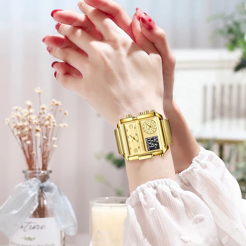 ساعة LIGE النسائية بعرض مزدوج، ساعة مربعة إبداعية فاخرة، ساعة ذهبية غير رسمية - 5