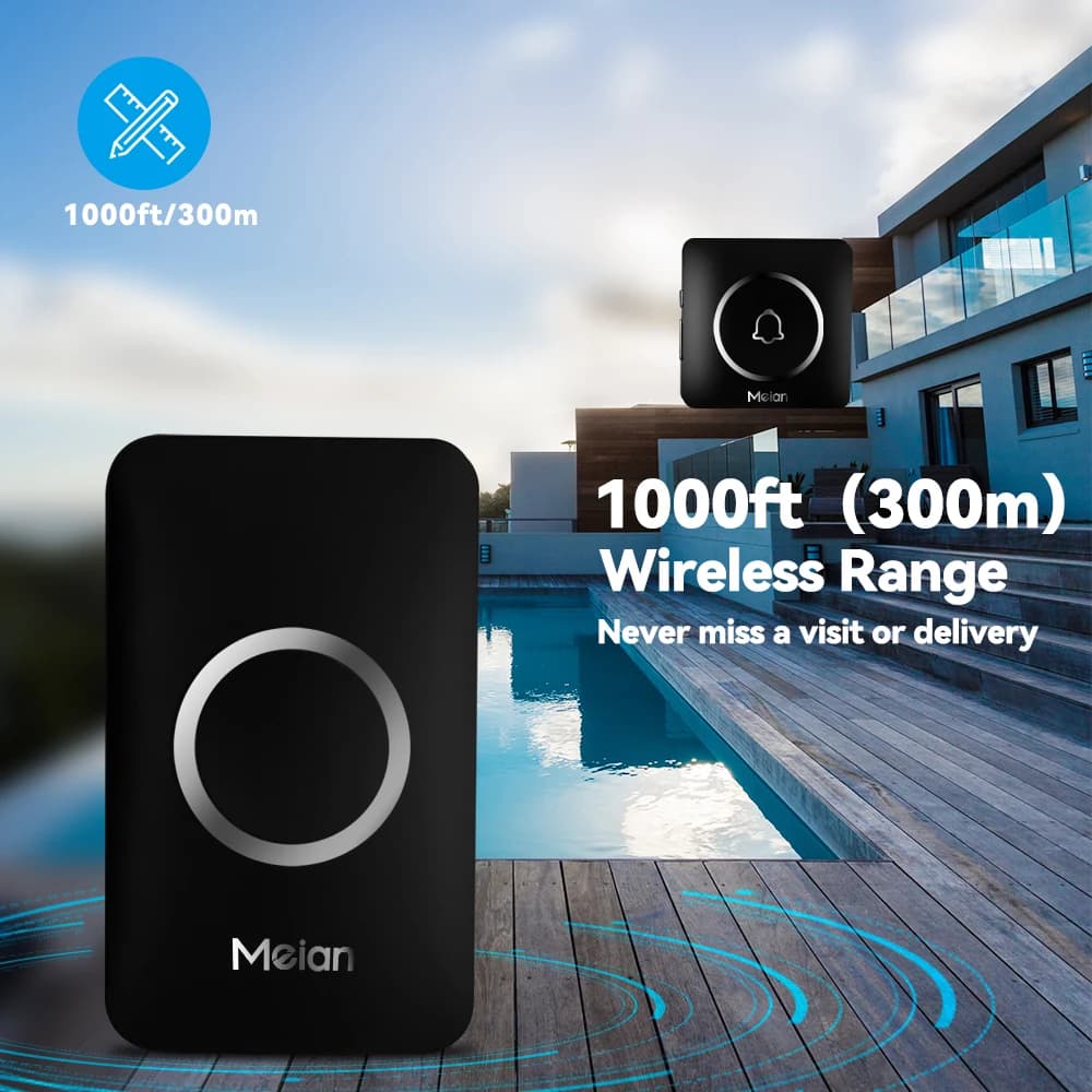جرس باب لاسلكي من Meian، جرس ترحيب، مدى 300 متر، إضاءة LED، إنذار أمان، مقاوم للماء، 60 نغمة - 2