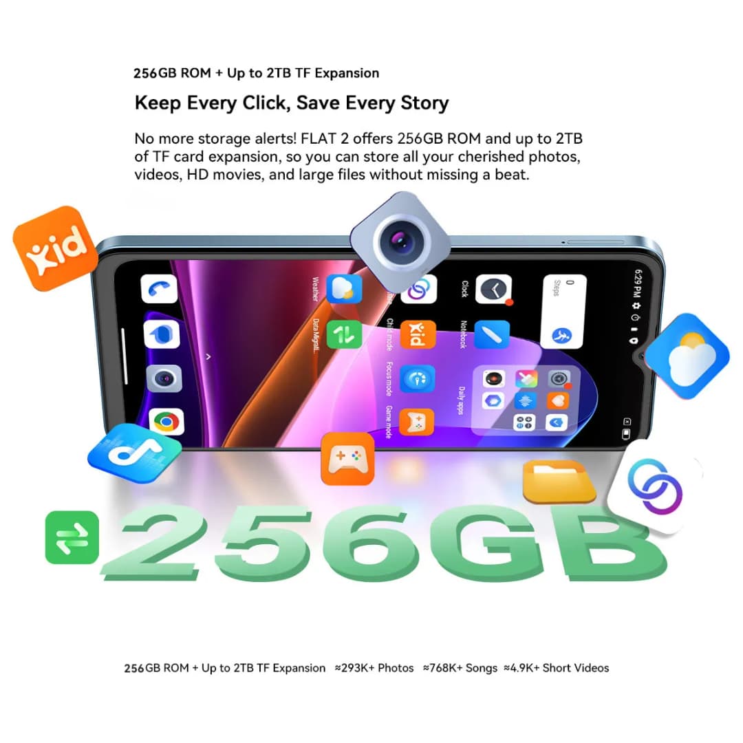 هاتف Blackview OSCAL FLAT 2 الذكي، شاشة 6.6 بوصة HD+، معالج T606 ثماني النواة، بطارية 5000 مللي أمبير، ذاكرة رام 4 جيجابايت، ذاكرة داخلية 256 جيجابايت، كاميرا 13 ميجابكسل، نظام أندرويد 14 - 4