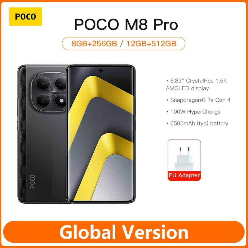 هاتف POCO M8 Pro 5G الذكي نسخة عالمية سنابدراجون 7s الجيل 4 شاشة 6.83 بوصة 1.5K 120 هرتز بطارية 6500 مللي أمبير 100 واط NFC