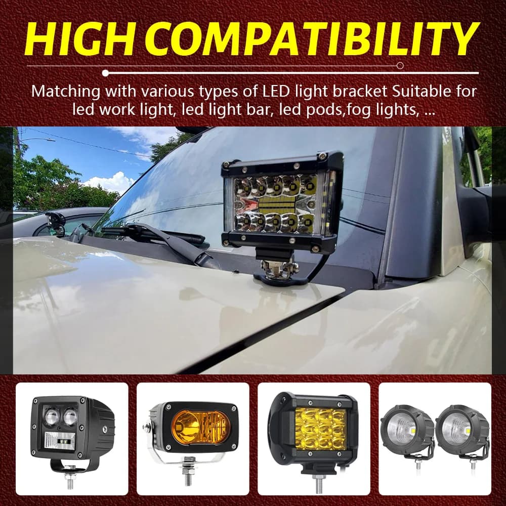 حامل تثبيت ضوء عمل LED عالمي 2 قطعة، حامل تثبيت شريط إضاءة LED للغطاء، حامل مصباح ضباب لسيارات الجيب والشاحنات والسيارات الرياضية متعددة الاستخدامات المخصصة للطرق الوعرة - 5