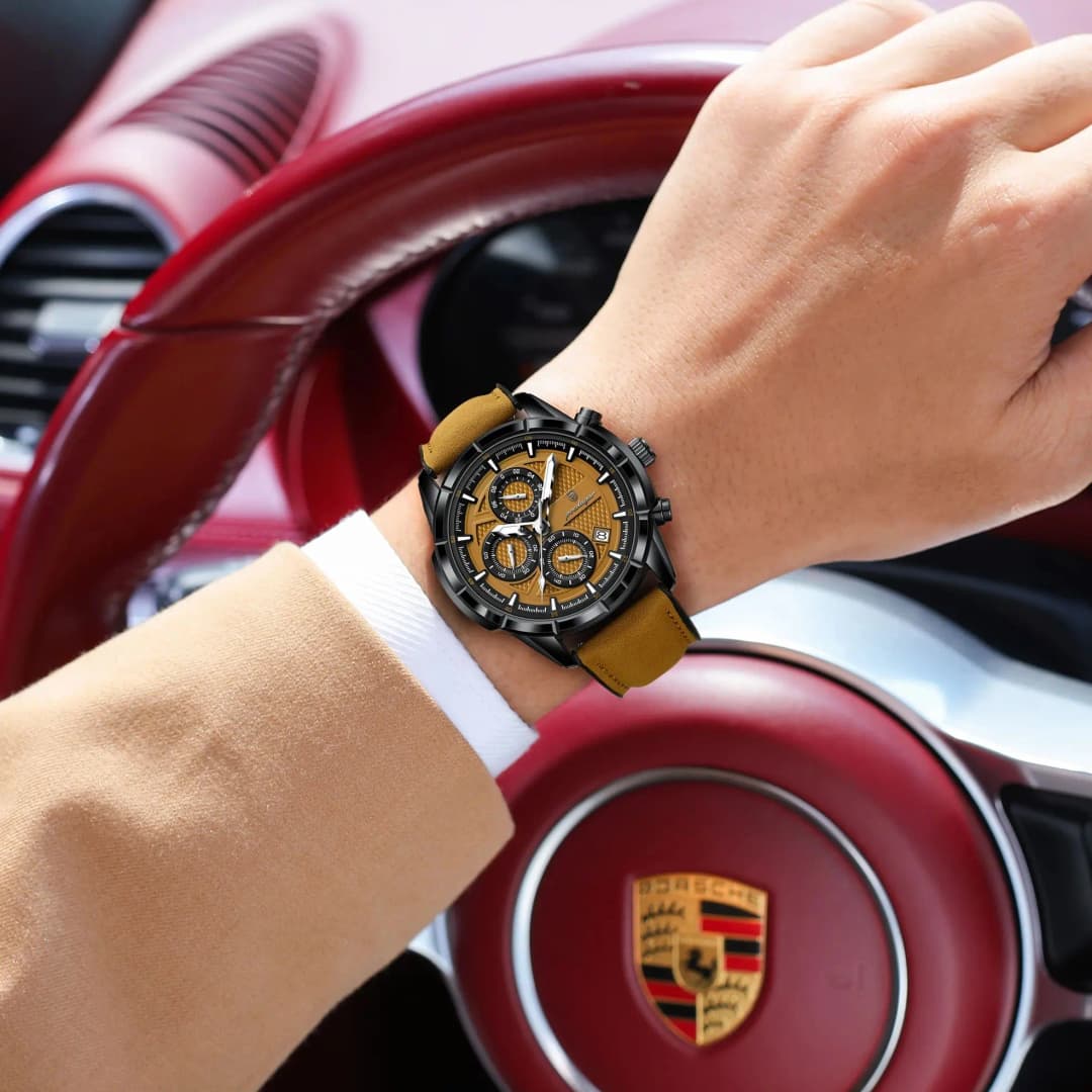 ساعة معصم POEDAGAR فاخرة للرجال كوارتز جلد أصلي بتاريخ كرونوغراف مقاومة للماء مضيئة ساعة رجالية + علبة - 4