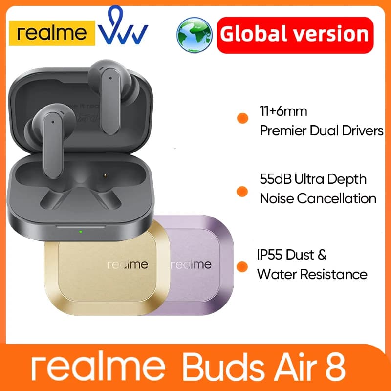 سماعات realme Buds Air8 TWS اللاسلكية 11+6 ملم مشغلات ثنائية رئيسية إلغاء ضوضاء 55dB حتى 58 ساعة تشغيل IP55 بلوتوث 5.4