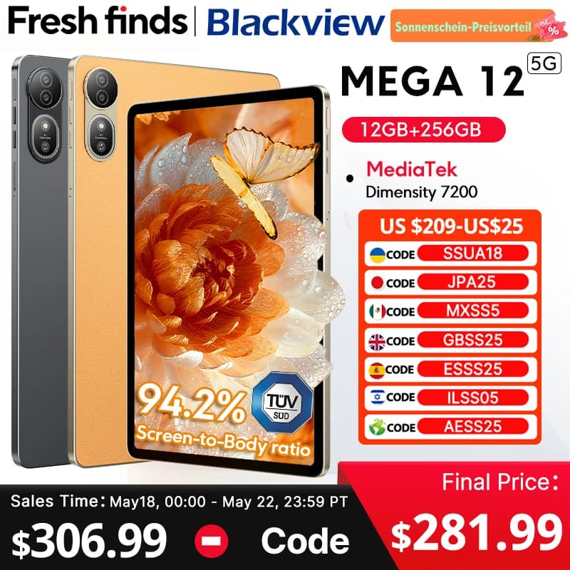 【World premiere】Blackview MEGA 12 Tablet 5G 12.2" 2.4K 120Hz Display Dimensity 7200 CPU IP69K Waterproof 50MP 10000mAh Pad PC