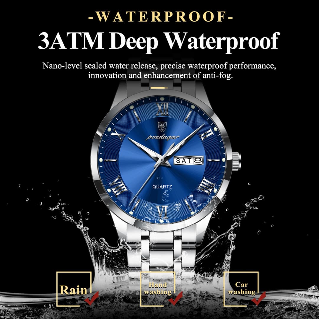 POEDAGAR Luxury Man Clock Waterproof Luminous Week Date Fashion Men's Wristwatch Stainless Steel Business Quartz Watches For Men - 3