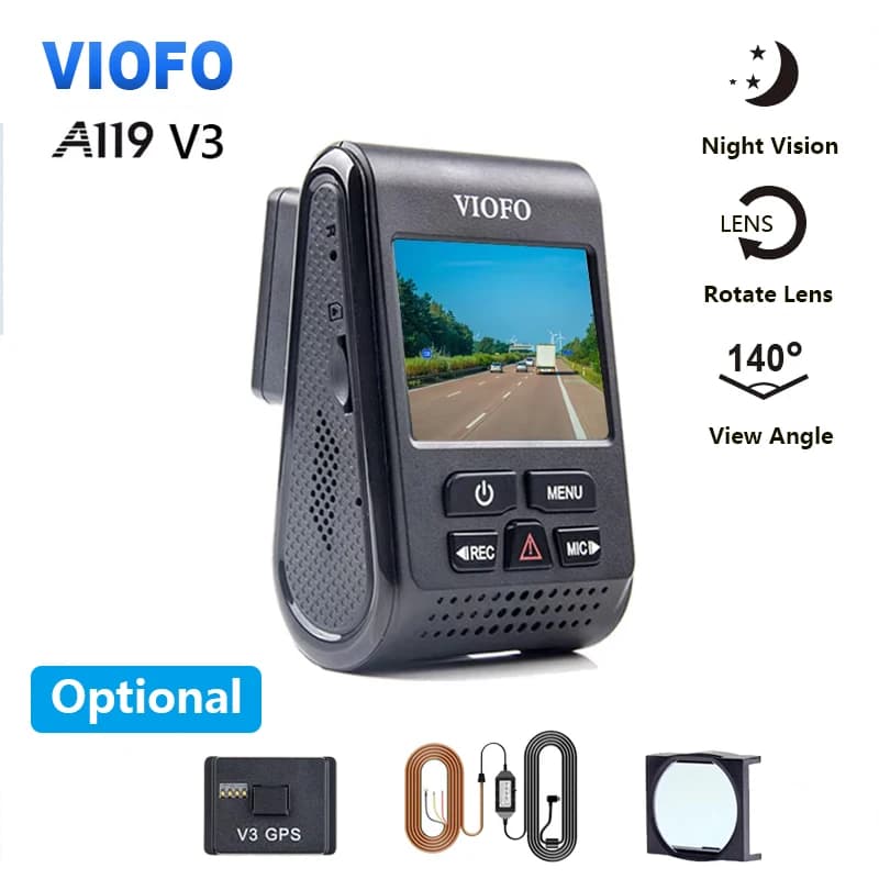 VIOFO A119 V3 2K مسجل سيارة DVR برؤية ليلية فائقة كاميرات لوحة قيادة بدقة Quad HD وضع انتظار مستشعر G عدسة دوارة 2560 * 1600P مع GPS و CPL اختياري