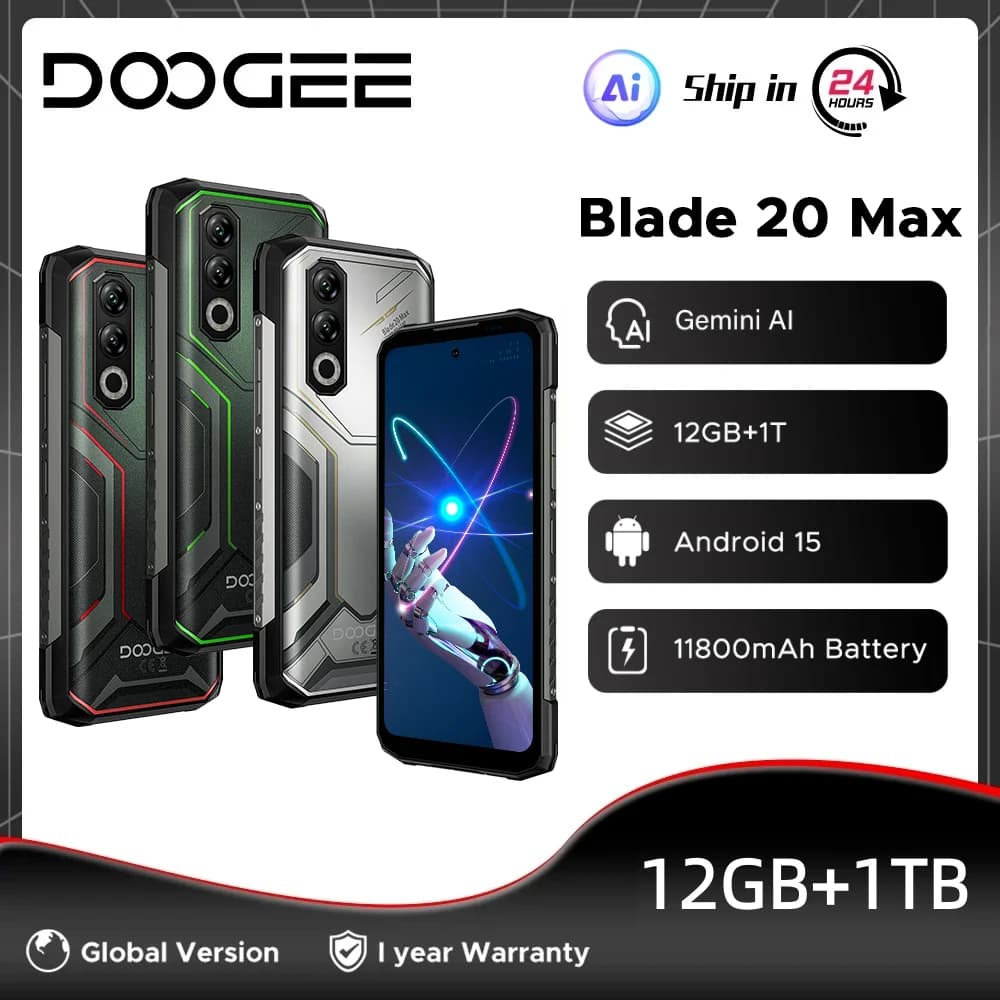 هاتف DOOGEE Blade20 Max المتين - ذاكرة 36 جيجابايت + 1 تيرابايت، شاشة 6.6 بوصة بمعدل تحديث 120 هرتز، بطارية 11800 مللي أمبير