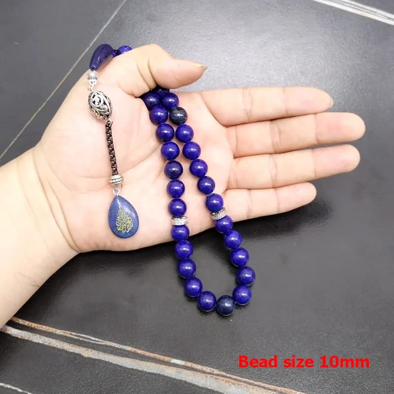 سبحة من حجر اللازورد الطبيعي، 33 حبة، أسورة، حجر أزرق، هدايا عيد الفطر ورأس السنة - 4