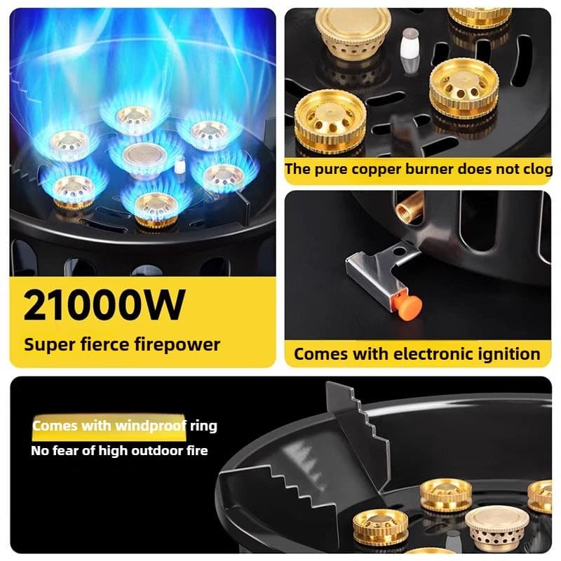 موقد تخييم محمول عالي الطاقة 7-Core بقوة 19800 واط، موقد غاز مقاوم للرياح مع إشعال إلكتروني لمعدات الطهي في الهواء الطلق - 4