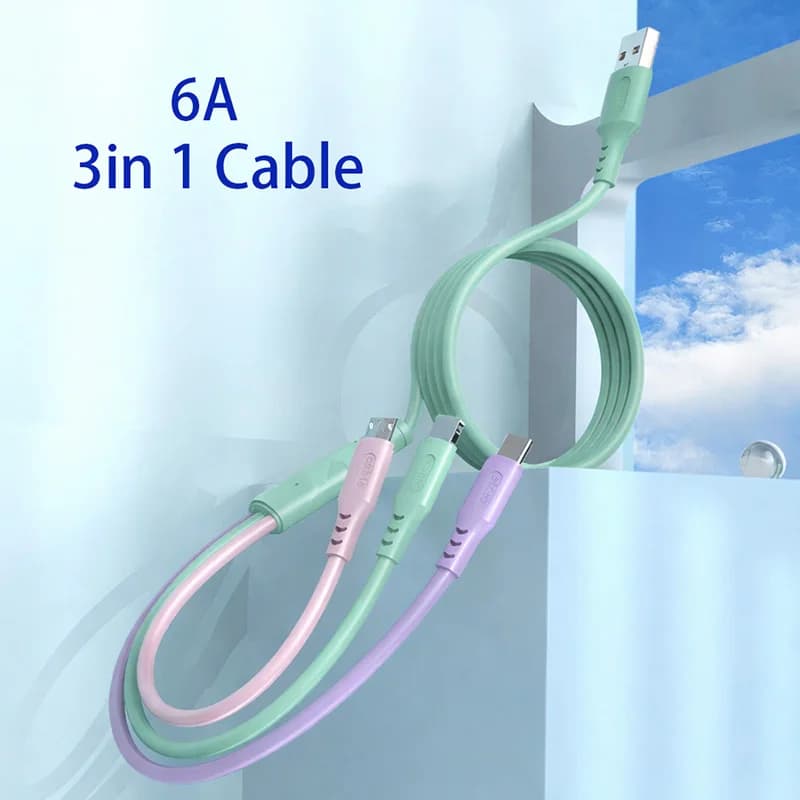 كابل USB 3 في 1 للشحن السريع 6 أمبير ومزامنة البيانات لهواتف آيفون وشاومي وهواوي وفيفو، كابل Type-C ومايكرو، كابل شحن عالي السرعة - 5