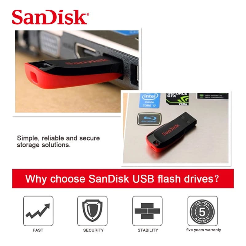 SanDisk CZ50 USB2.0 Pendrive 32GB 16GB 64GB USB Flash Drive Pen Drive U Disk Mini Flash Drive Cruzer Blade 100% Original - 5