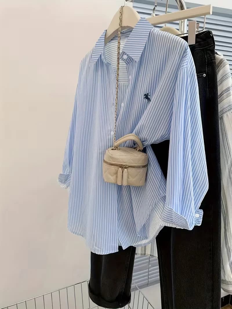 women s long-sleeve blouse ， Women's Striped Knight Print Front Button-Up Casual Long Sleeve Shirt - 4