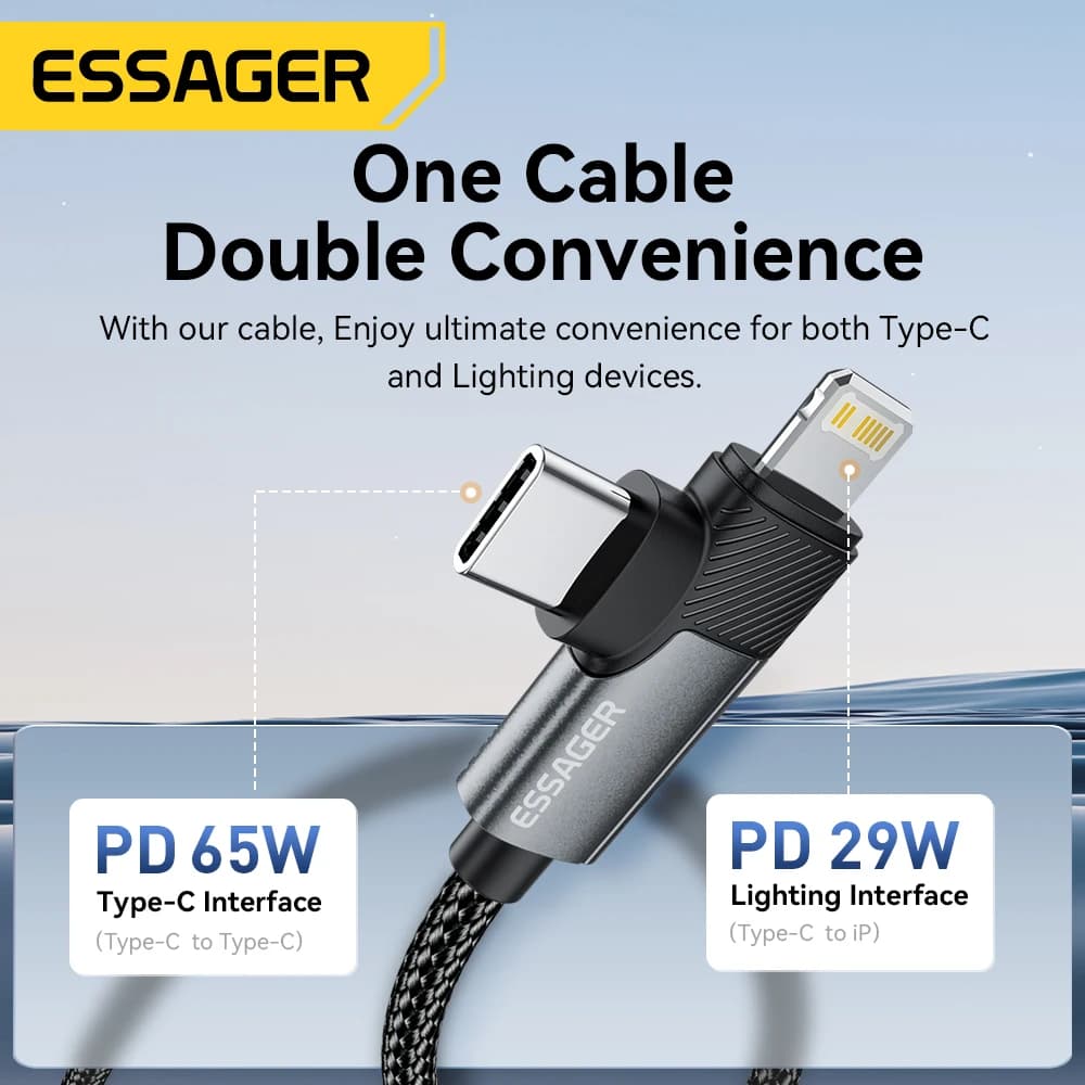 Essager PD 65W Max 2 in 1 Type C to Type C and Lightning For Samsung Xiaomi IPhone 14 13 12 11 Pro Max Xs Plus Data Cable - 2
