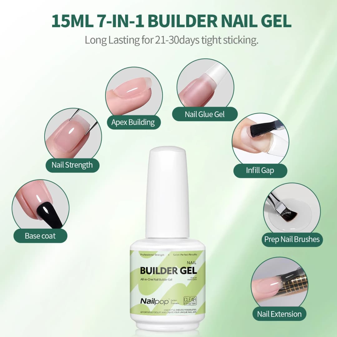 Nailpop Builder Nail Gel 4 Colors Base Coat Strengthener Thickening Extension Rhinestone Glue Gel Polish Brush in Bottle 15ml - 2
