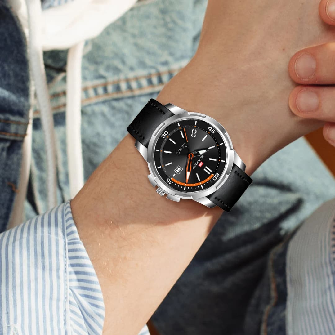 ساعة VA VA VOOM عسكرية جلدية سوداء بميناء كبير 46 ملم حركة كوارتز أسلوب أعمال عارضة موضة رياضية خارجية - 5