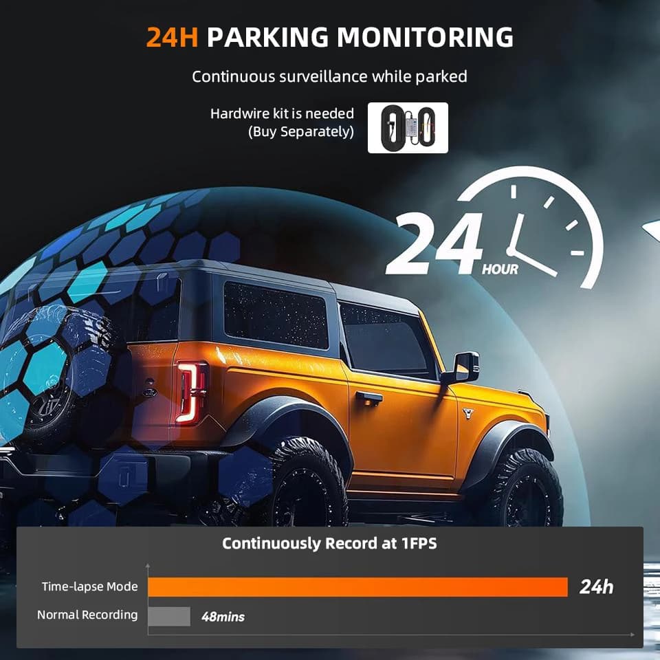 E-ACE A45P كاميرا سيارة 4K مع واي فاي وGPS، شاشة لمس 12 بوصة IPS، مرآة رؤية خلفية، خيار كاميرا خلفية، مسجل فيديو - 6