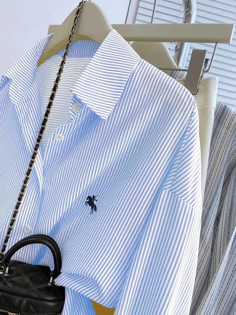 women s long-sleeve blouse ， Women's Striped Knight Print Front Button-Up Casual Long Sleeve Shirt - 3