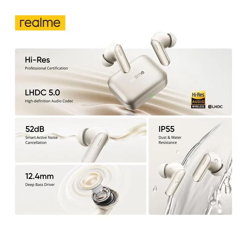 سماعات realme Buds Air7 TWS مع إلغاء ضوضاء 52dB حتى 52 ساعة تشغيل مشغل باس 12.4mm LHDC 5.0 بلوتوث 5.4 IP55 - 2