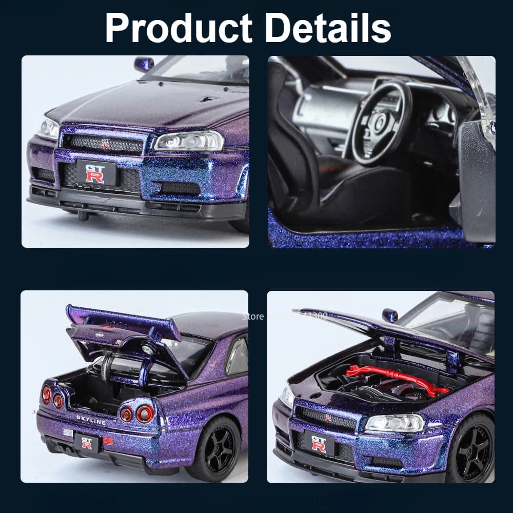نموذج سيارة SKYLINE GTR R34 مقياس 1:32، معدن مصبوب مع موسيقى وإضاءة وأبواب قابلة للفتح - 3
