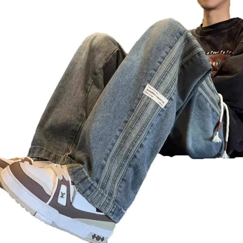 Three bar American retro jeans men's spring and autumn new style high street elastic waist loose casual men's straight leg long - 4