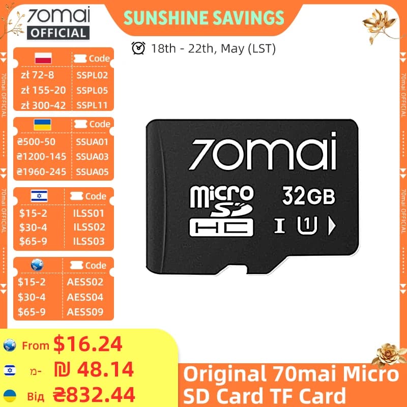 Original 70mai Micro SD Card TF Card UHS-3 Level for 70mai T800 X800 A810 A510 A800SE A800S A500S A200 70mai Memory Card