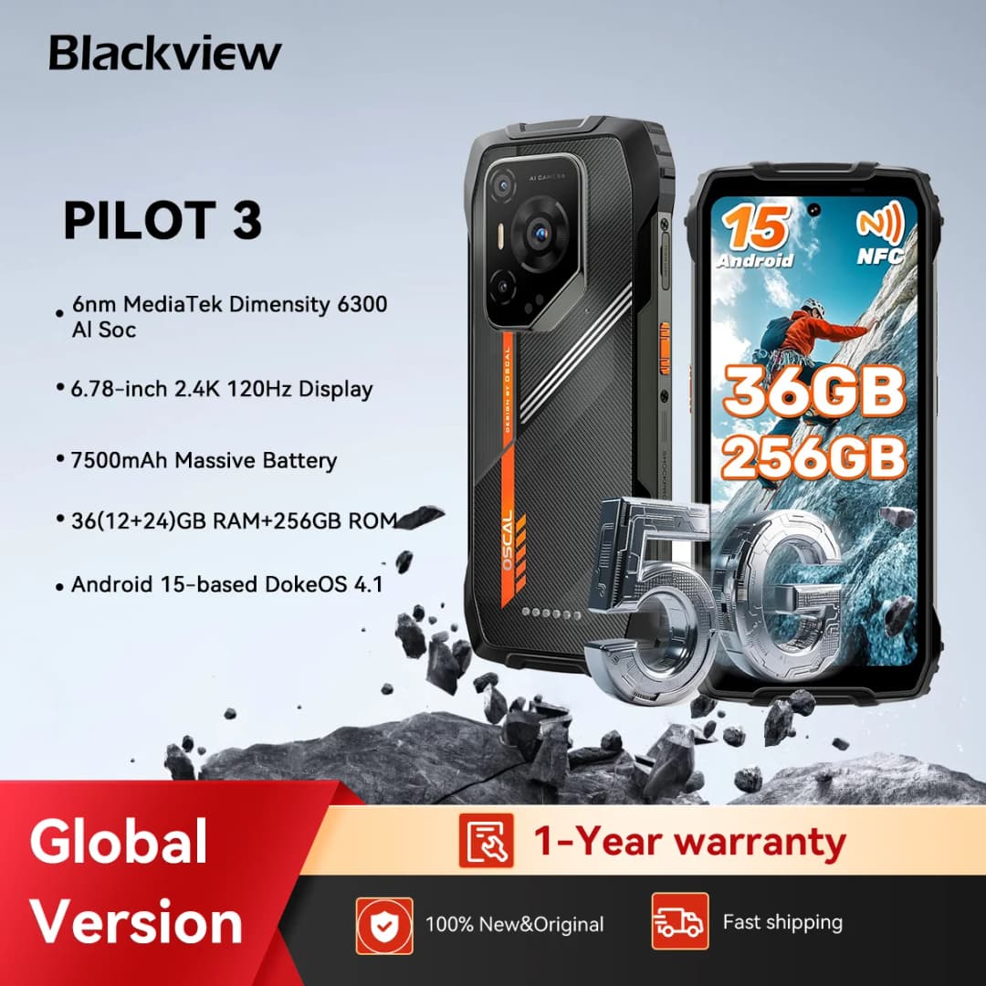 هاتف ذكي متين Blackview OSCAL PILOT 3 5G AI، معالج MTK 6300، شاشة 6.78 بوصة FHD+2.4K بمعدل تحديث 120Hz، 12+24GB رام، 256GB+2TB روم، بطارية 7500mAh