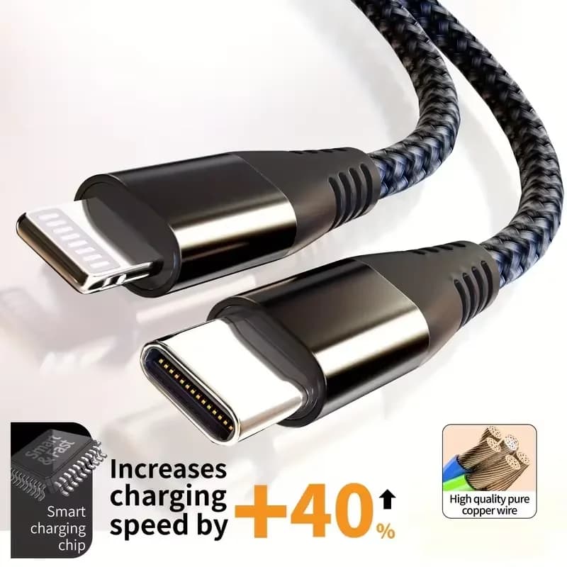 كابل شحن سريع MFi معتمد، USB C إلى Lightning، نايلون مضفر، متوافق مع iPhone 14 و13 و12 و11 - 6