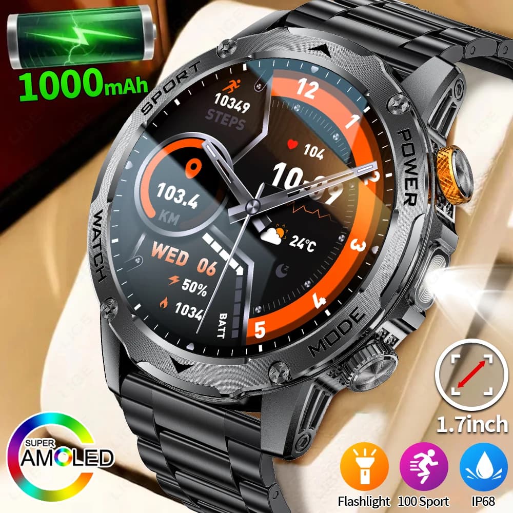 LIGE New 1000mAh Smart Watch Men Steel Sports Fitness Tracker LED Flashlight 3ATM Waterproof BT Call Smartwatch for Android iOS