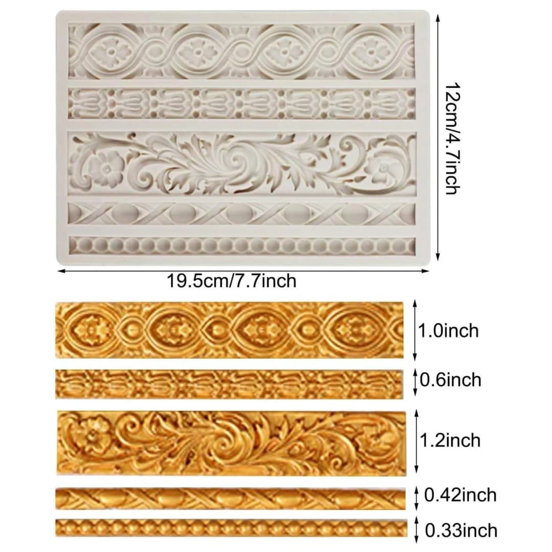 3 Pieces Baroque Fondant Molds Scroll Border Lace Silicone Molds Curlicues Gum Paste Candy Chocolate Molds for Cake Decorating - 3