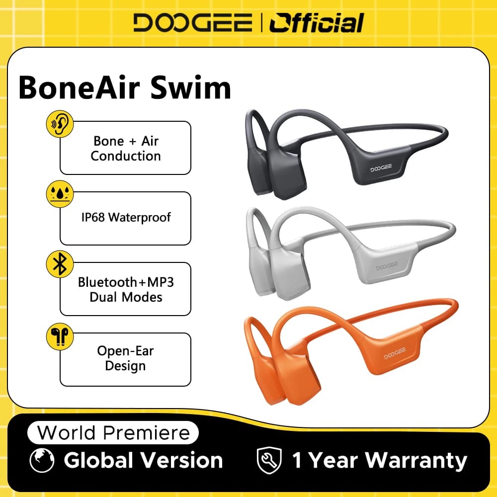 DOOGEE BoneAir Swim Bone Conduction Headphones Bluetooth 5.4 Wireless Ear Hooks Off Map Waterproof Ear phones for Outdoor Sports
