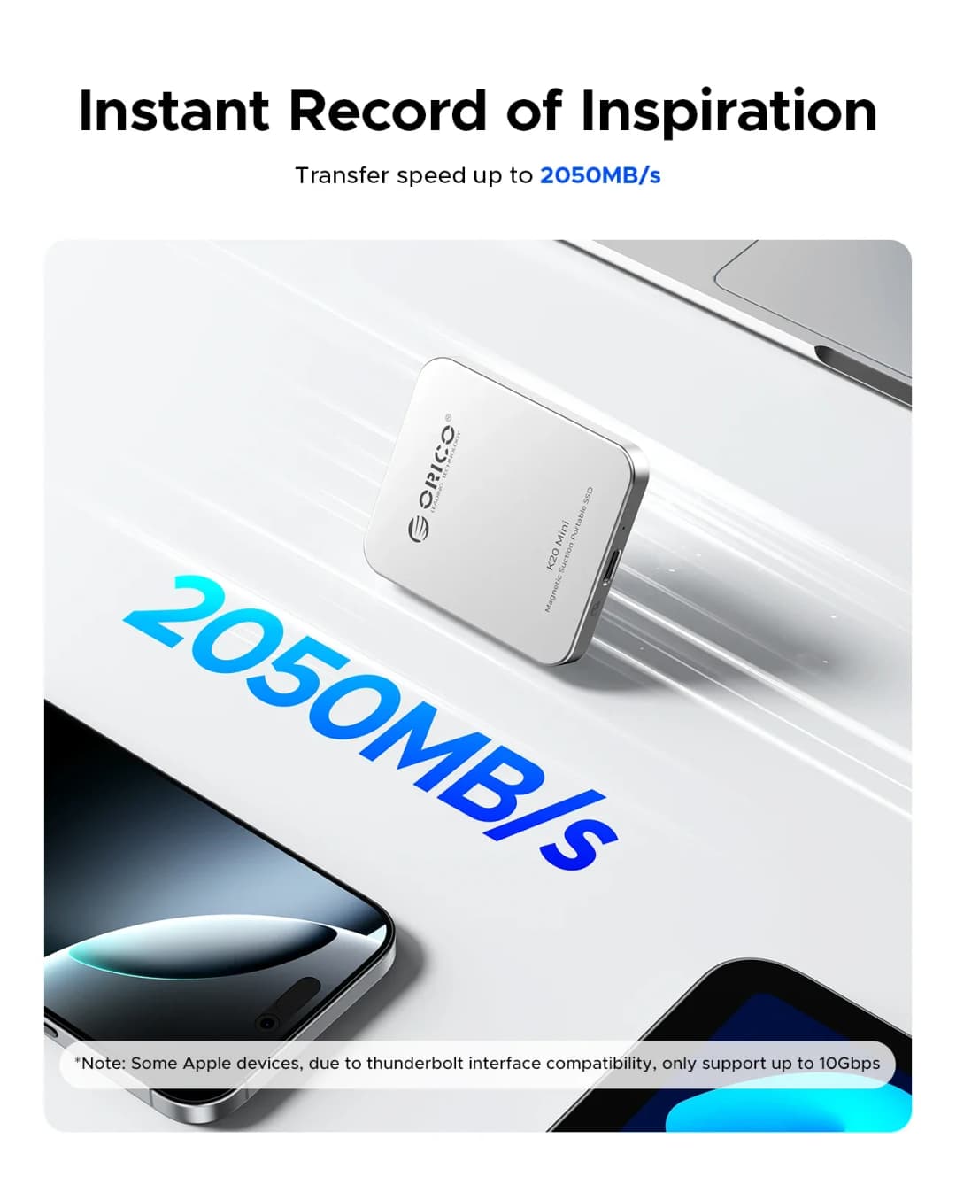 ORICO K20Mini قرص صلب خارجي مغناطيسي للآيفون 17 و16 برو/ماكس برو ريس بسرعة 2000 ميجابايت/ثانية وتسجيل وتخزين 4K برو ريس HDR محمول - 5