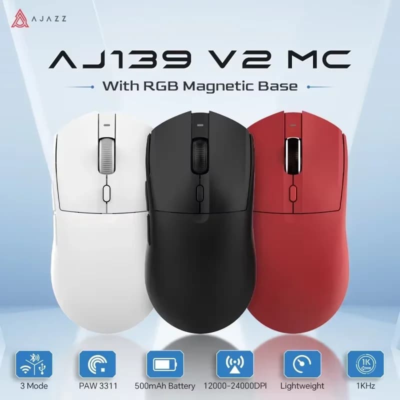 ماوس ألعاب AJAZZ AJ139 V2 MC PAW3311 لاسلكي مع قاعدة شحن مغناطيسية RGB 24000DPI بلوتوث/سلكي ماوس للاعبي الكمبيوتر