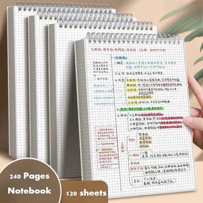 دفتر ملف لولبي A4 A5 B5 دفتر 120 ورقة ورق شبكي 240 صفحة دفتر غلاف PP للطلاب المدرسة