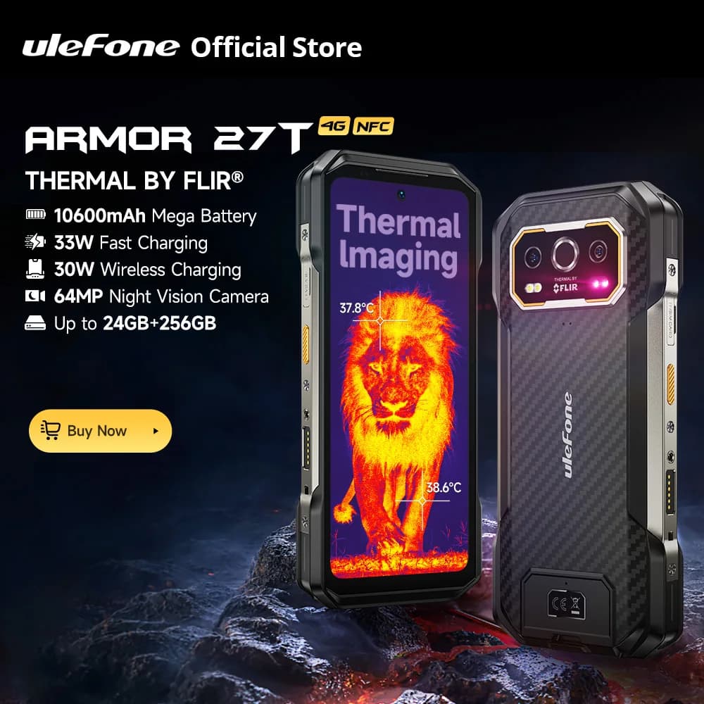 هاتف Ulefone Armor 27T 4G THERMAL BY FLIR® متين 10600 مللي أمبير في الساعة حتى 24 جيجابايت + 256 جيجابايت 6.78 بوصة FHD 120 هرتز رؤية ليلية هاتف ذكي بنظام Android 14