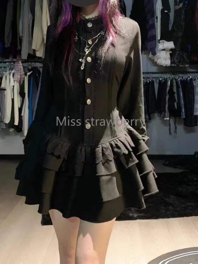 Spring Vintage Gothic Style Lace Up Dress Women Design High Street Black Lolita Slim Dresses 2025 Y2k Lace Long Sleeve Clothing - 5