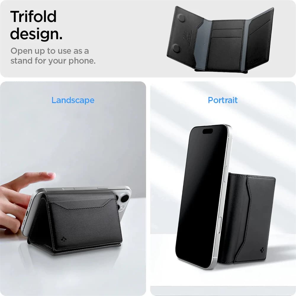 Spigen Magnetic Leather Card Holder Bracket Wallet For iPhone 17 Pro Max 16 15Plus Card Holder Pouch Protective Folding Card Bag - 4