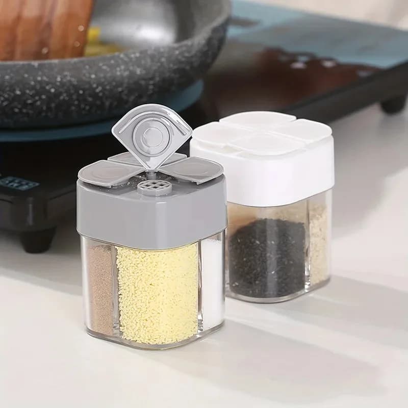 4in1 Camping Spice Shaker Multifunctional Spice Pot with Lid 4 Compartments for Outdoor BBQ Cooking Salt Pepper Storage Box - 4