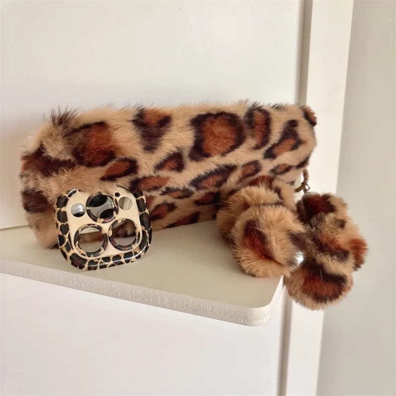 Fashion Leopard Furry Plush Lens Bracket Phone Case For iPhone 17Air 15 14 13 12 11 16 Pro Max With Wrist Chain Shockproof Cover - 6