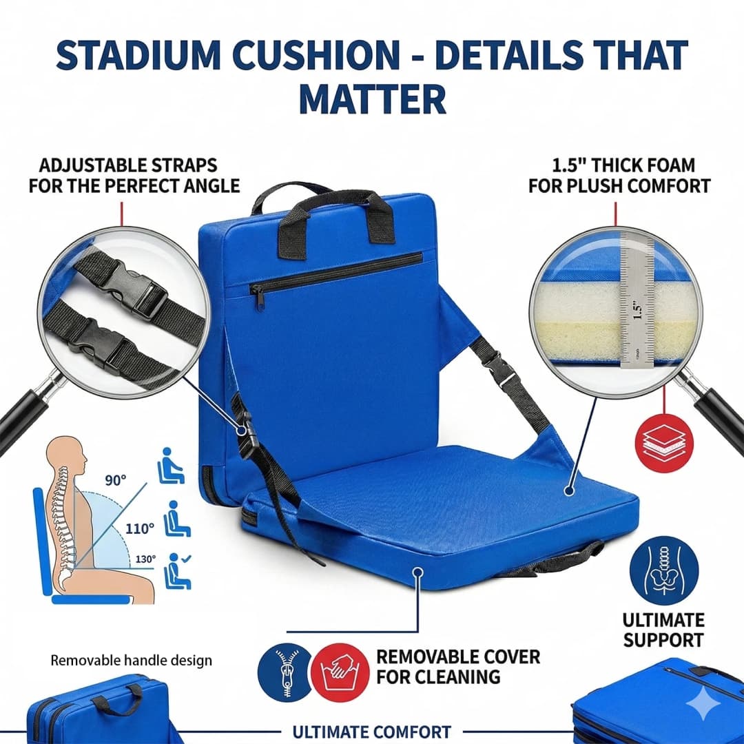 Portable Stadium Cushion 1.5in Thick Foldable Bleacher Seat with Handle Water-resistant Chair Pad for Sports Events & Camping - 2