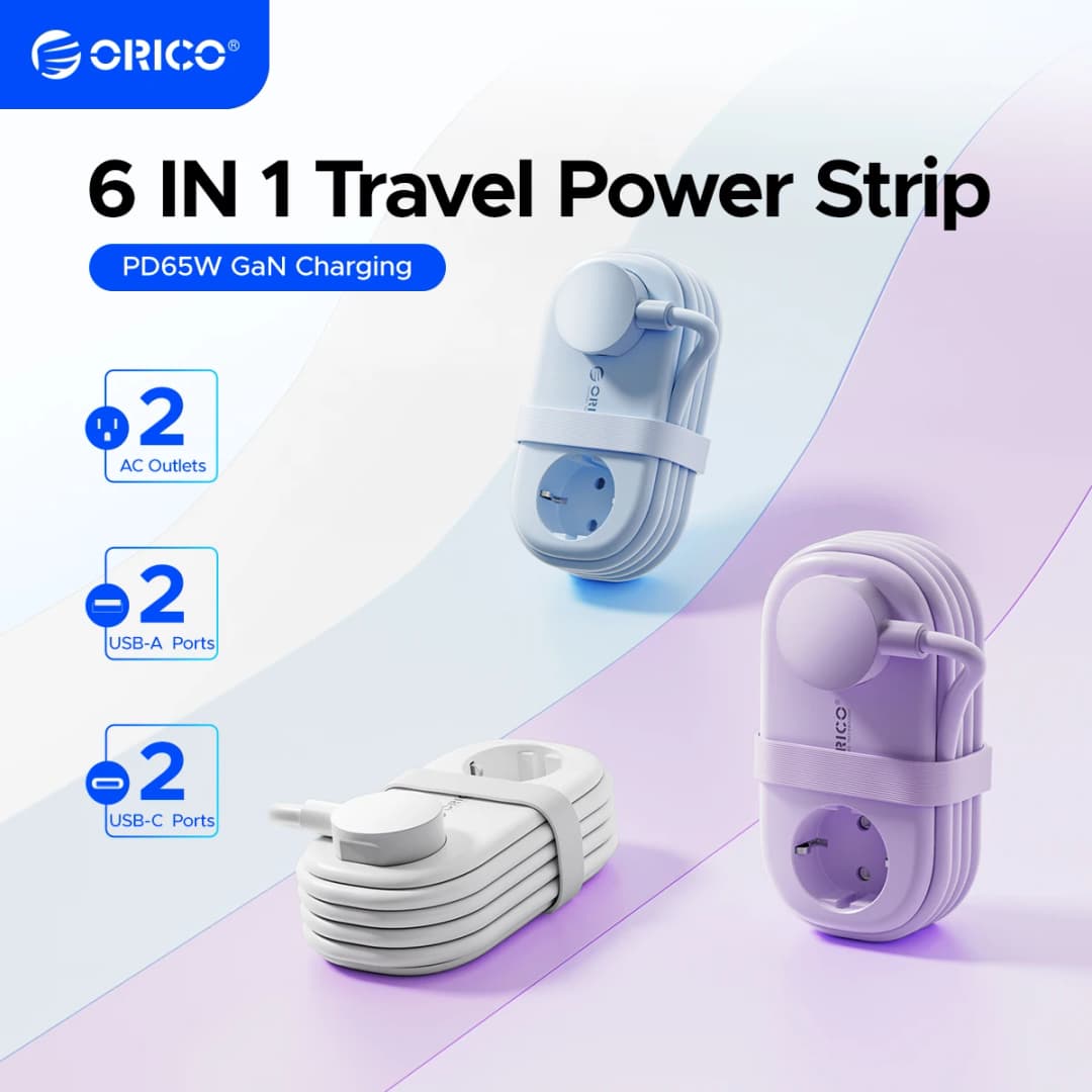 شريط طاقة ORICO قابل للطي محمول للسفر محطة شحن سريعة 65W GaN مع 2 منافذ AC و2 USB و2 Type-C محول قابس EU للمنزل