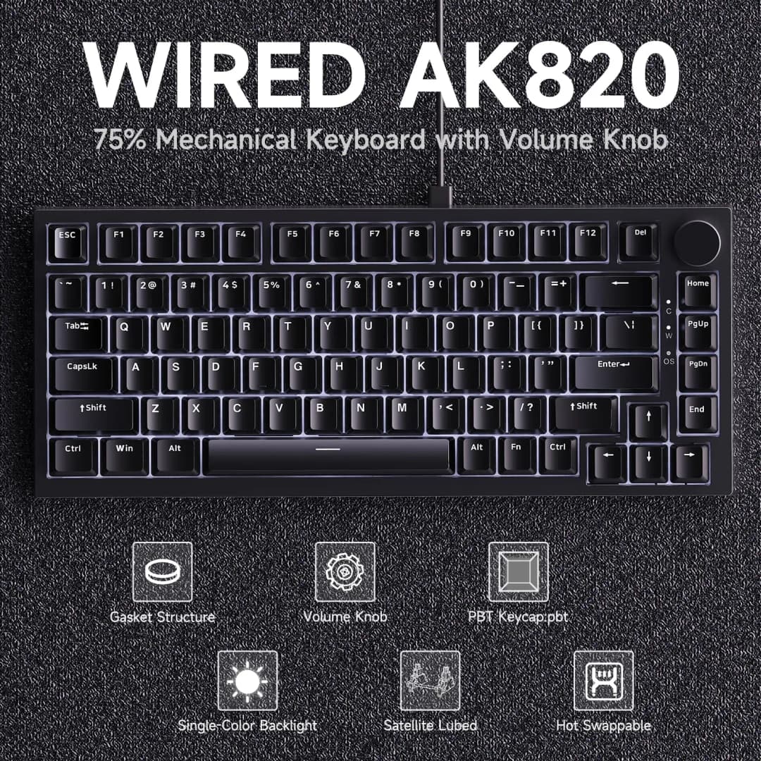 AK820 Red-Switch Mechanical Gaming Keyboard, 75% Layout, Hot-Swappable Switches, Featuring a USB-C Port, White Backlighting, Fiv - 2