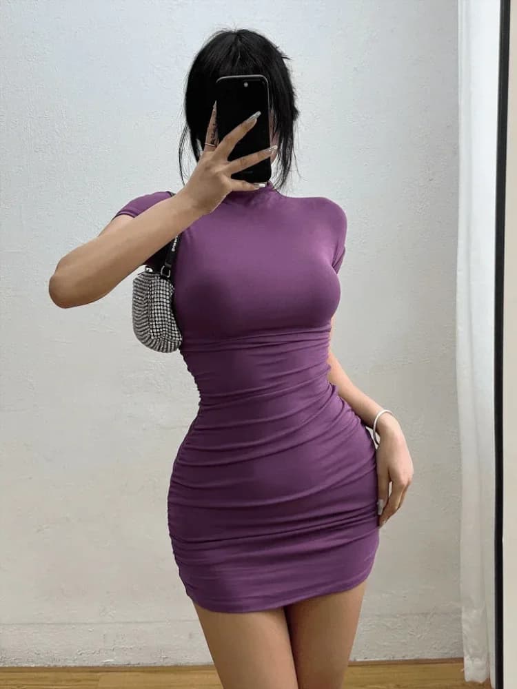 Sexy Tight Half High Collar Pleated Waist Mini Dress Spicy Girls Slim Dresses Bodycon Women Vestidos Cortos Party Mujer Clothing - 3