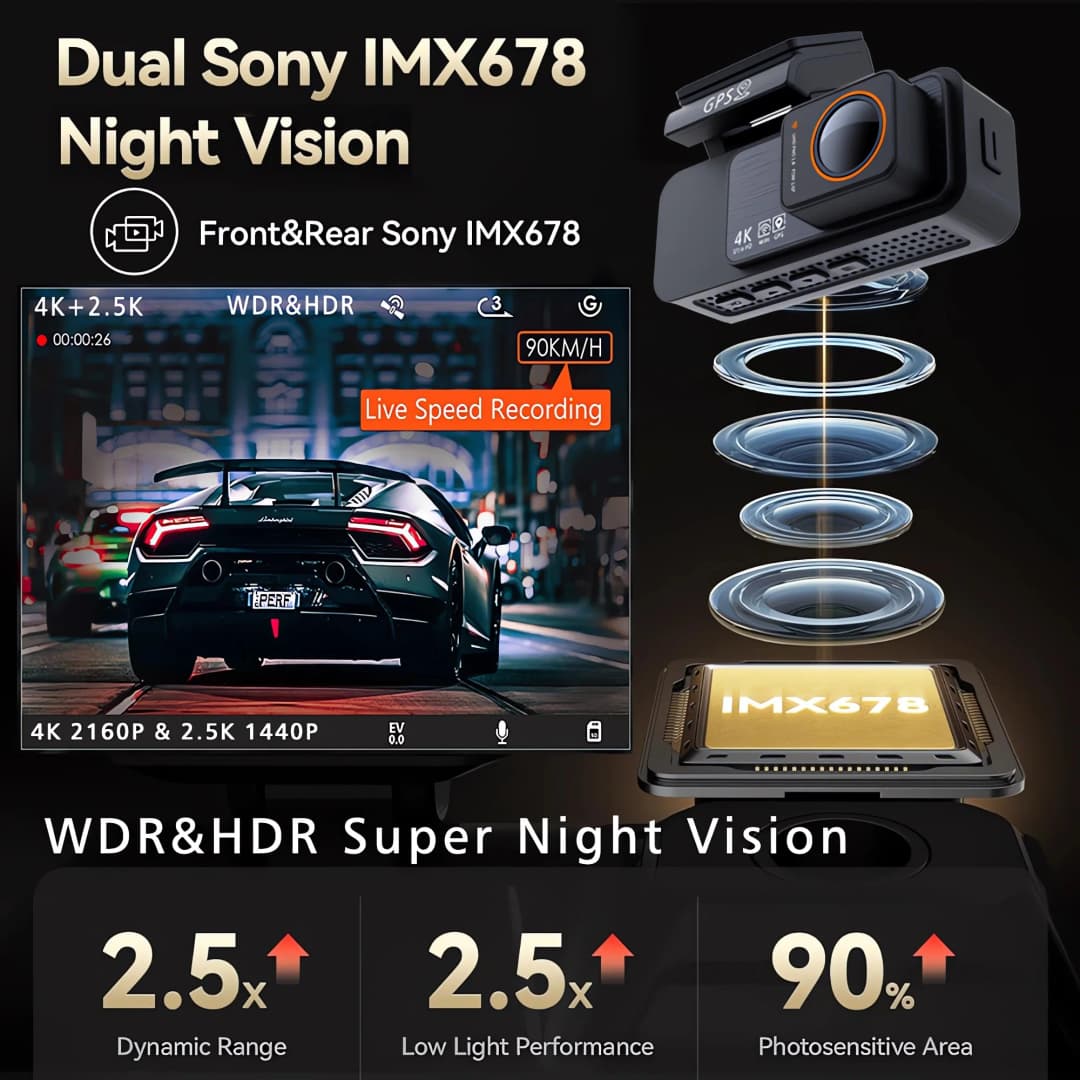 Dash Cam Dual Lens 4K UHD Recording Car Camera DVR Night Vision Video Recorder GPS Wi-Fi Room Black Box 2.5K Rear View Camera - 4