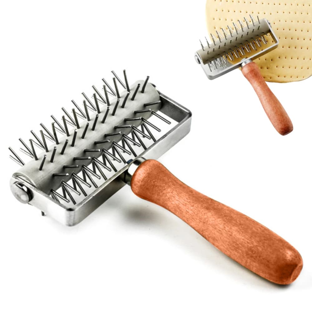 أسطوانة عجلة من الفولاذ المقاوم للصدأ لثقب عجين البيتزا والخبز مع مقبض خشبي لأدوات الخبز