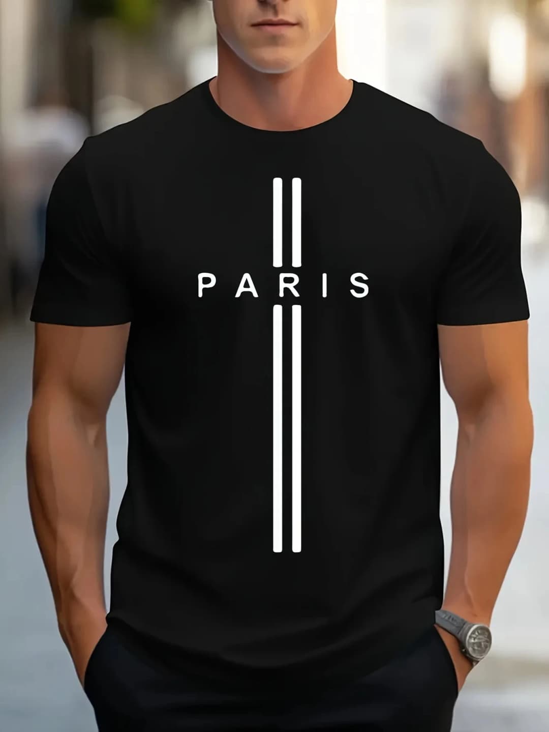 3D printed men's loose summer T-shirt, Paris printed round neck casual tight T-shirt, short sleeved T-shirt - 3