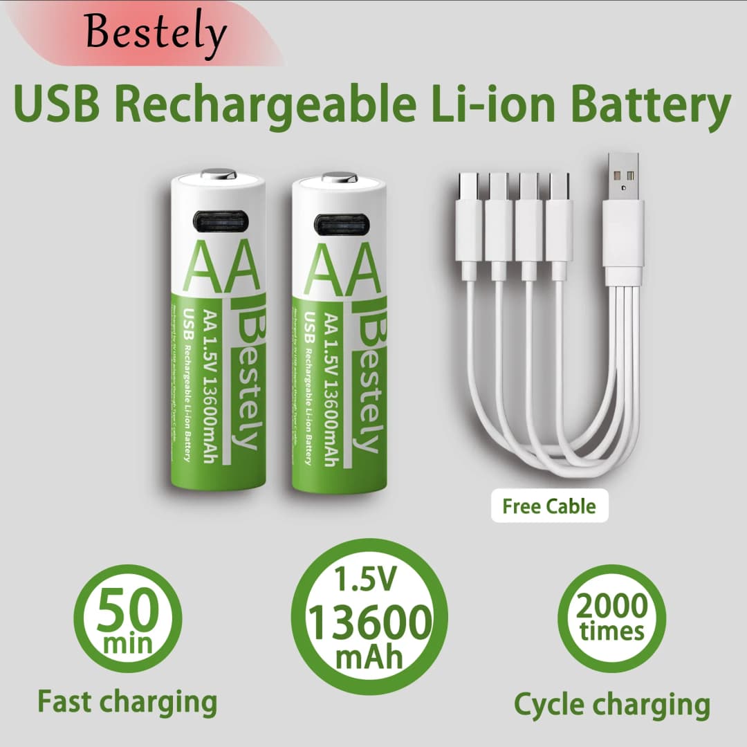 أفضل بطارية ليثيوم AA قابلة لإعادة الشحن 1.5 فولت 13600 مللي أمبير في الساعة شحن سريع بطاريات ليثيوم أيون طويلة الأمد دورة 2000 مع كابلات USB-C - 2