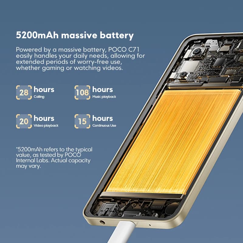 هاتف POCO C71 نسخة عالمية معالج UNISOC T7250 شاشة غامرة 6.88 بوصة كاميرا مزدوجة 32 ميجابكسل AI شحن 15 واط بطارية 5200 مللي أمبير - 5