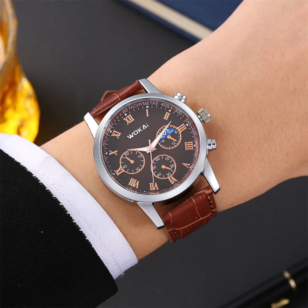 Wokai Brand Leisure Business Male Watch Quartz Sports Casual Leather Men's Relogio Clock Elegant Casual Relojes Cheap - 5