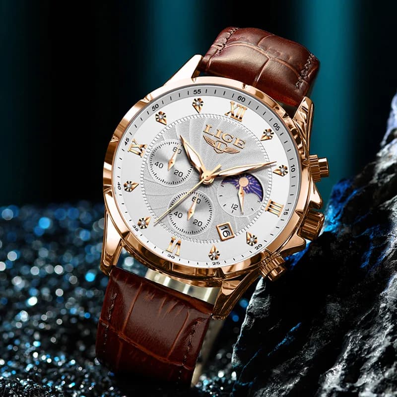 ساعة رجالية كاجوال للأعمال من ليج، ساعة فاخرة مقاومة للماء، ساعة كرونوغراف مضيئة، ساعة كوارتز جلدية - 3