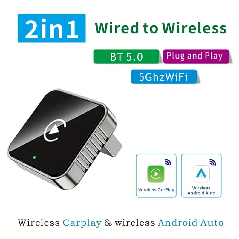 New 2in1 Mini Wireless CarPlay and Android Auto Adapter 5GHz WiFi, Type-C/USB Plug and Play Smart Box for Car Accessories Dongle